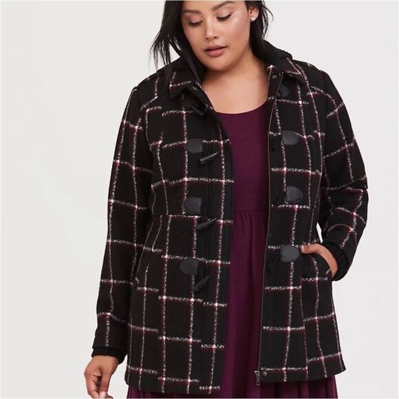 Torrid winter coat plaid red black 3x toggle buttons - Picture 1 of 8